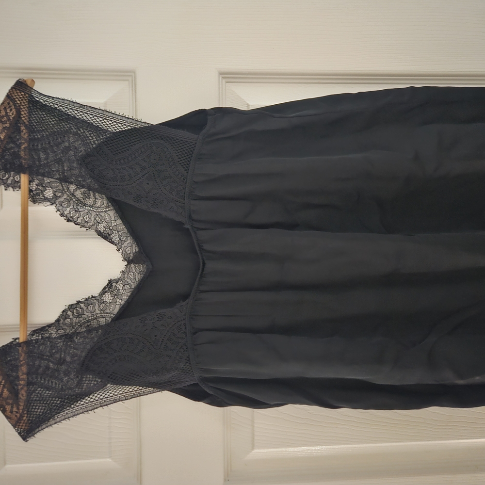 Local European Black Jersey Top with Lace V-Neck